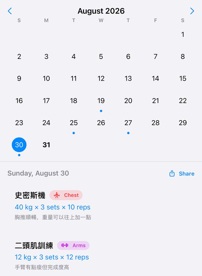 Workout log calendar